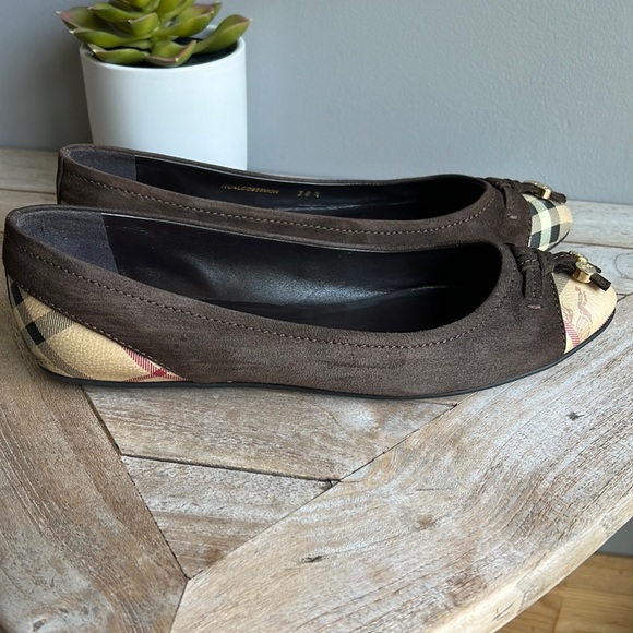 Burberry haymarket check cap toe Yates brown suede ballerina flats size 38.5 - Picture 4 of 11